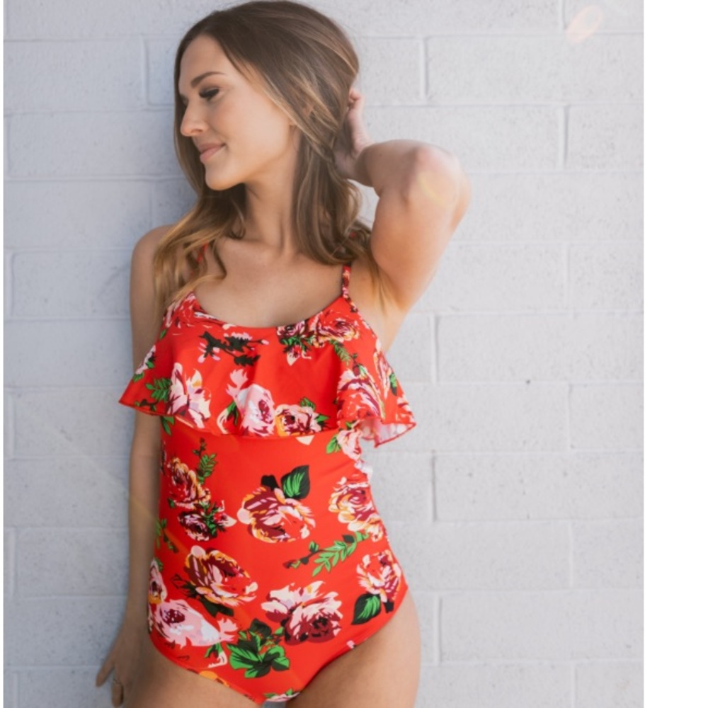 Janela Bay Red Floral Ruffle One-Piece Swimsuit